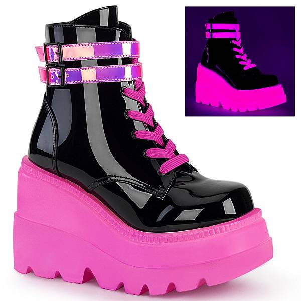 Demonia Women's Shaker-52 Platform Boots - Black Patent/UV Neon Pink D5283-06US Clearance